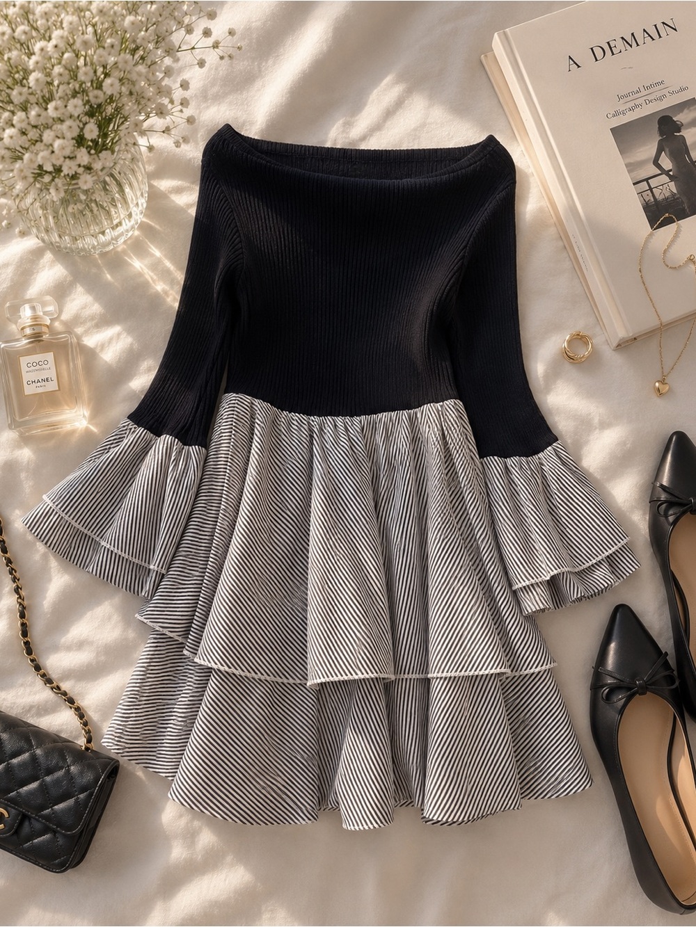 Bloomingdale's Black and White Tiered Ruffle Dress